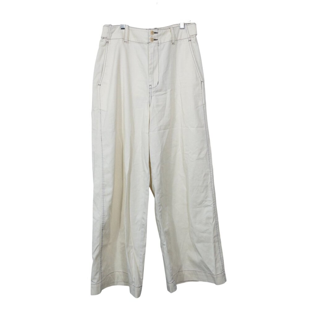 Madewell Button-Tab Wide-Legs Pants Cream SZ 6 100% Cotton Trendy Casual